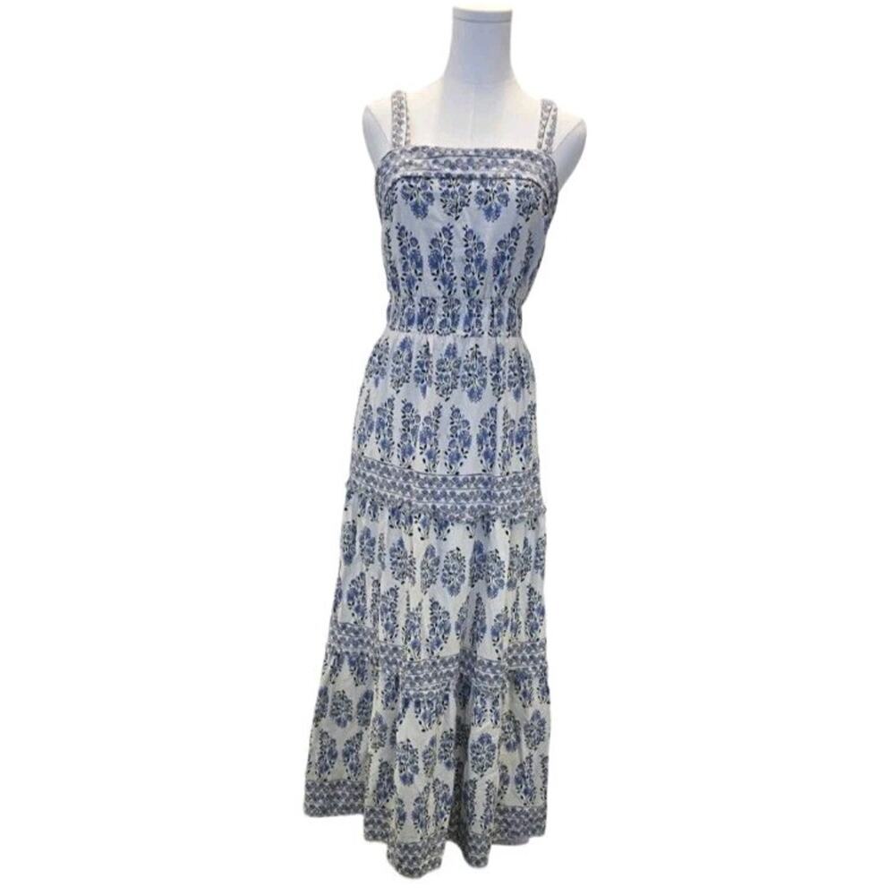 Sincerely Jules Blue White Block Print Tiered Maxi Dress L Linen Blend Smocked